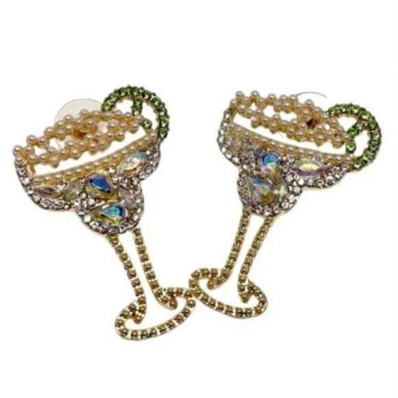 ⭐️💍 FREE Drink Cocktail Alcohol Margarita Boho Chic Hipster Rhinestone Earrings - Picture 1 of 4